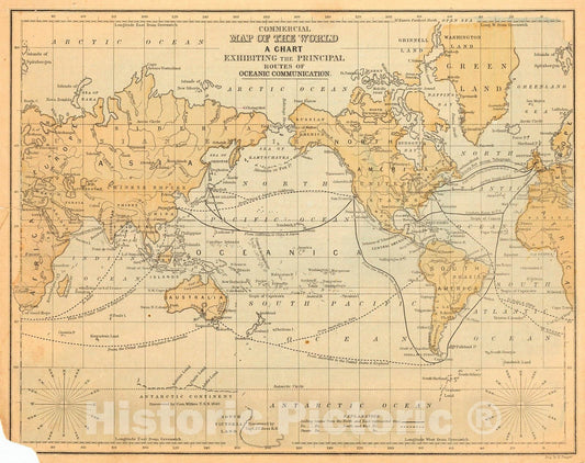 Historic Map : 1873 Commercial Map of the World, A Chart Exhibiting the Principal Routes of Oceanic Communication : Vintage Wall Art