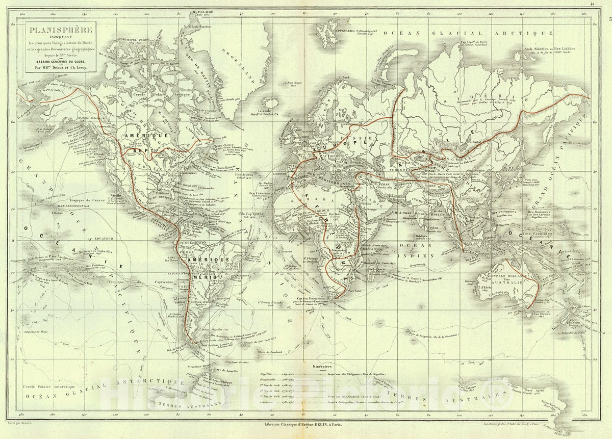 Historic Map : 1873 Planisphere Indiquant les principaux Voyages autour du Monde, et les grandes Decouvertes geographiques depuis le xv siecle : Vintage Wall Art