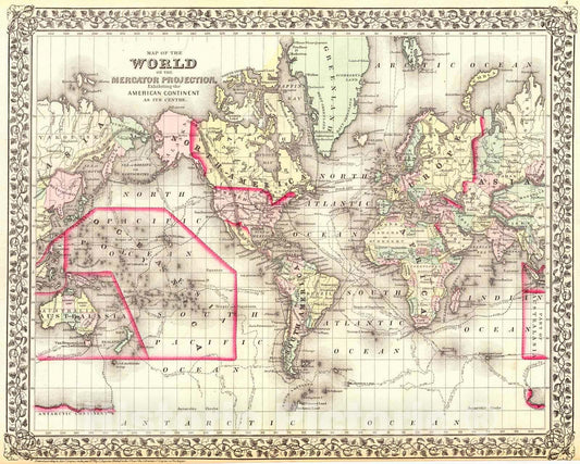 Historic Map : 1874 Map of the World on the Mercator Projection, Exhibiting the American Continent at Its Centre : Vintage Wall Art