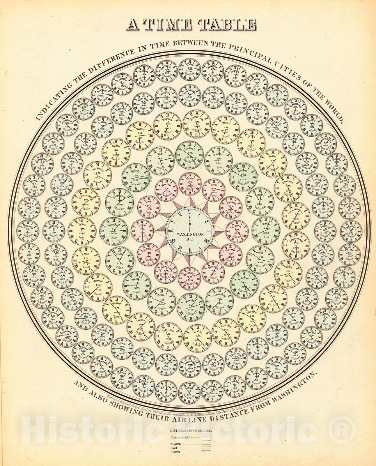 Historic Map : 1874 A Time Table Indicating the Difference in Time Between the Principal Cities of the World : Vintage Wall Art