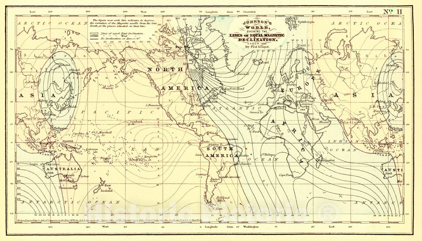 Historic Map : 1874 Johnson's World Showing the Lines of Equal Magnetic Declination : Vintage Wall Art
