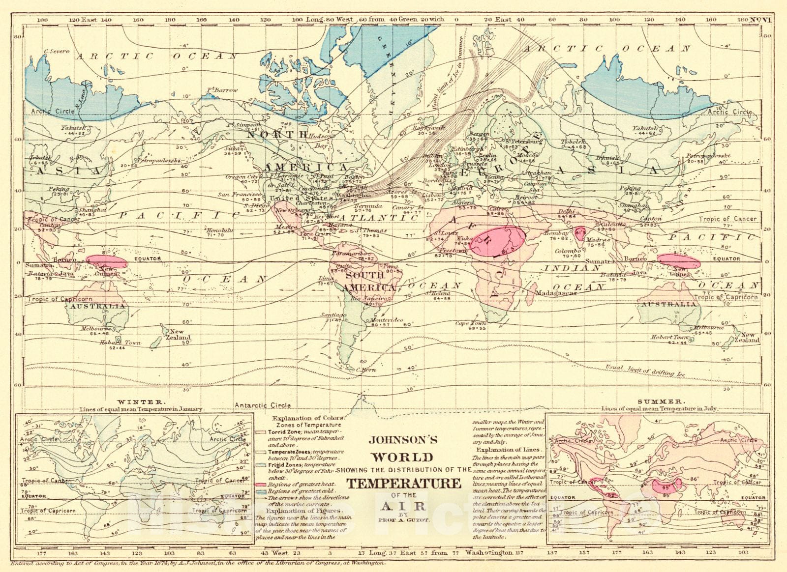 Historic Map : 1874 Johnson'sWorld Showing the Distribution of the Temperature of the Air : Vintage Wall Art