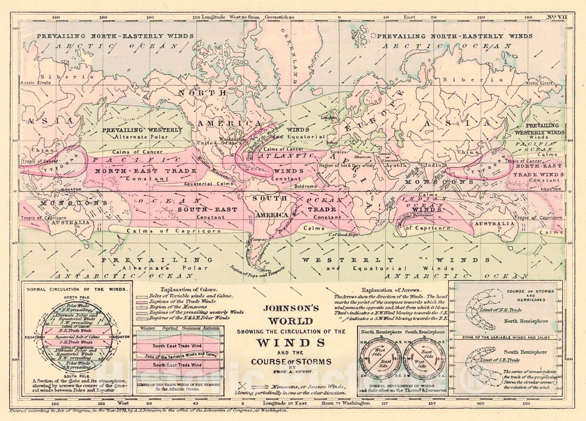 Historic Map : 1874 Johnson;s World Showing the Circulation of the Winds and Course of Storms : Vintage Wall Art