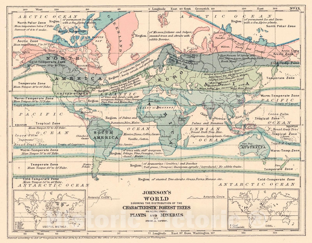 Historic Map : 1874 Johnson's World Showing the Distribution of the Characteristic Forest Trees, Principal Useful Plants and Minerals : Vintage Wall Art