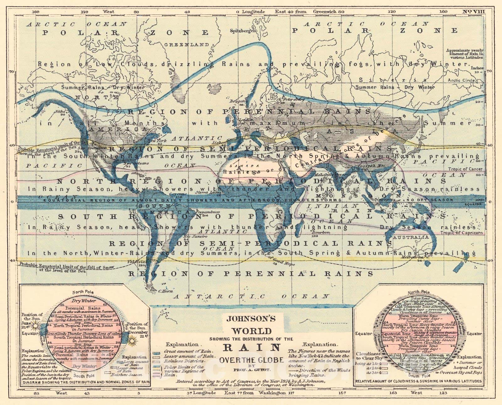 Historic Map : 1874 Johnson's World Showing the Distribution of Rain Over te Globe : Vintage Wall Art