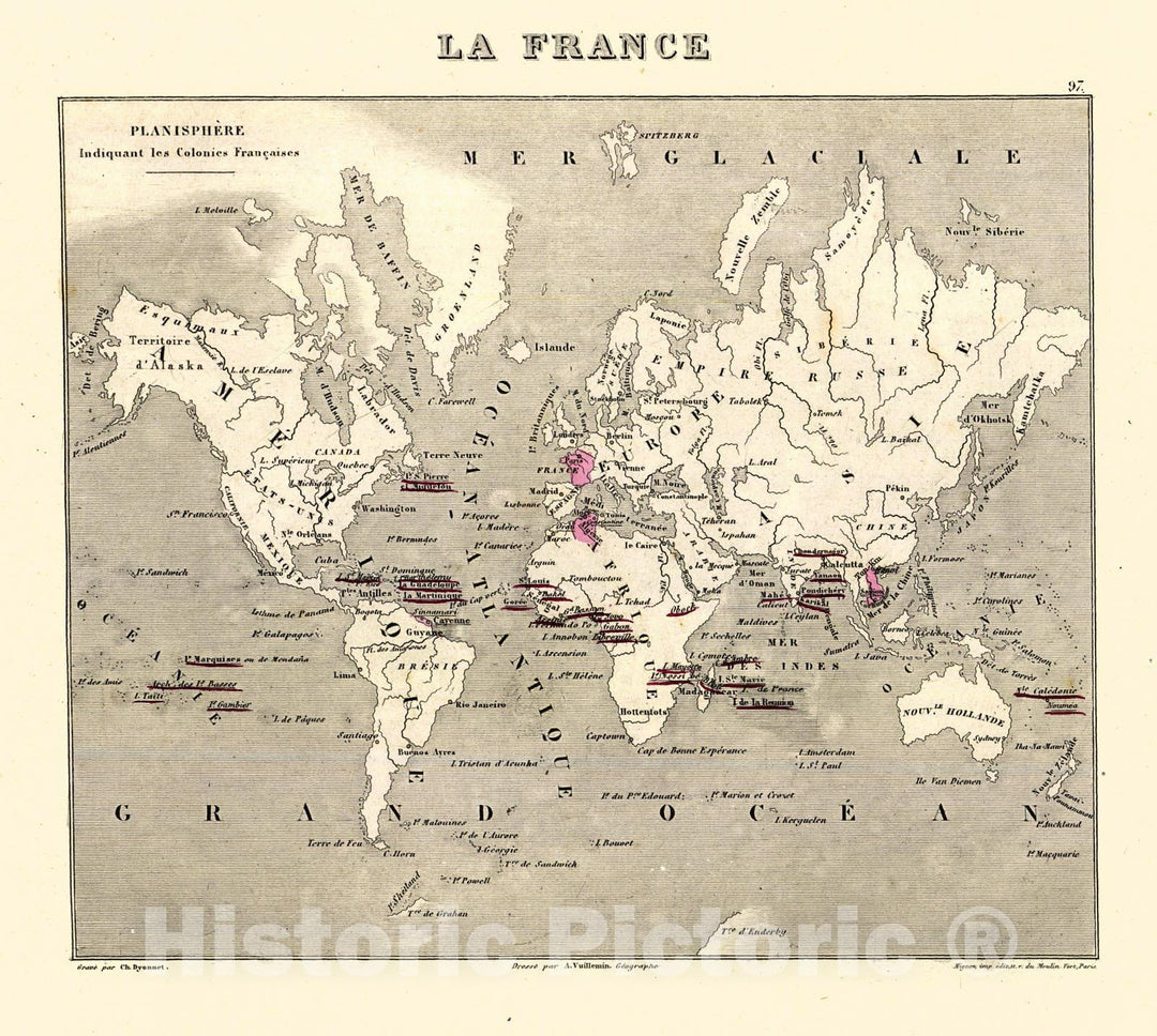 Historic Map : 1875 La France - Planisphere Indiquant les Colonies Francaises : Vintage Wall Art