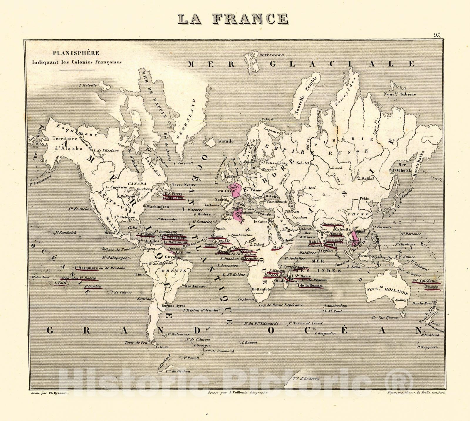Historic Map : 1875 La France - Planisphere Indiquant les Colonies Francaises : Vintage Wall Art