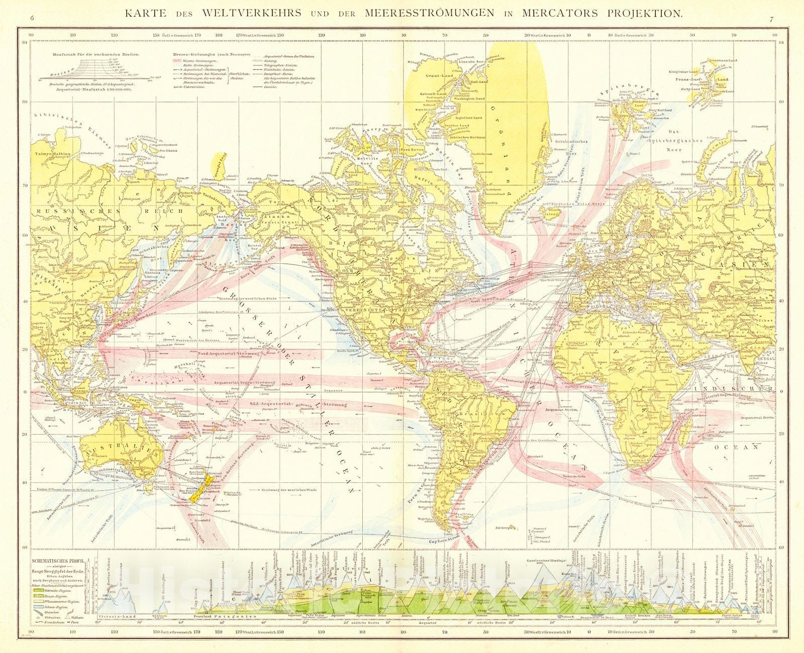 Historic Map : 1881 Karte des Weltverkehrs und der MeereestrOmungen in Mercators Projecktion : Vintage Wall Art