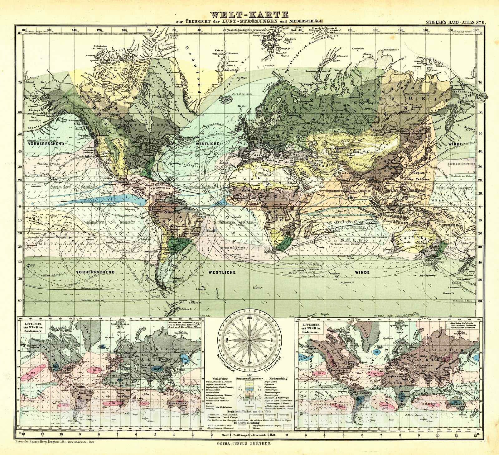 Historic Map : 1881 Welt-Karte zur &Uuml;bersicht der Luft-StrOmungen und Niederschl&auml;ge : Vintage Wall Art