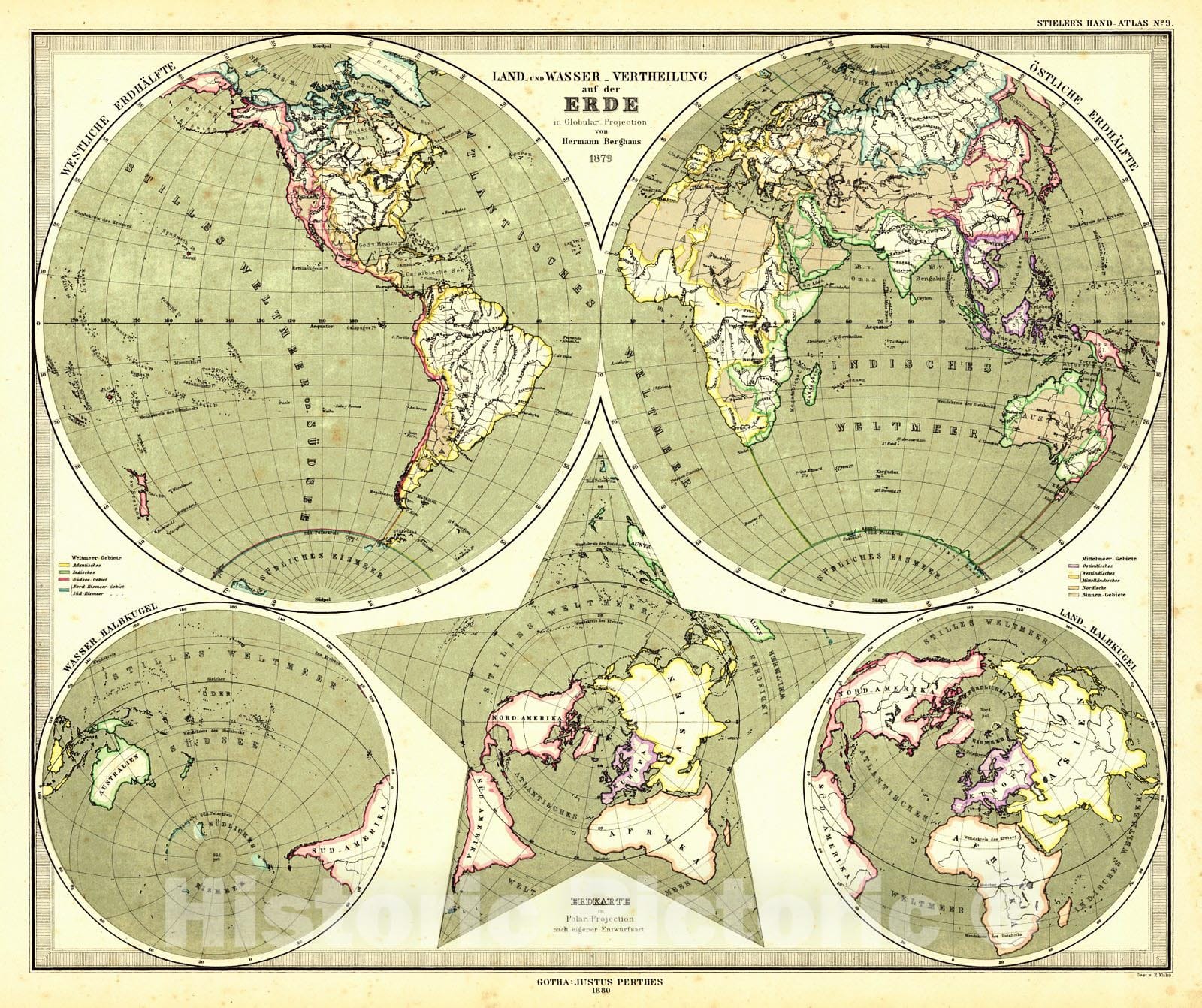 Historic Map : 1881 Land und Wasser Vertheilung auf der Erde : Vintage Wall Art