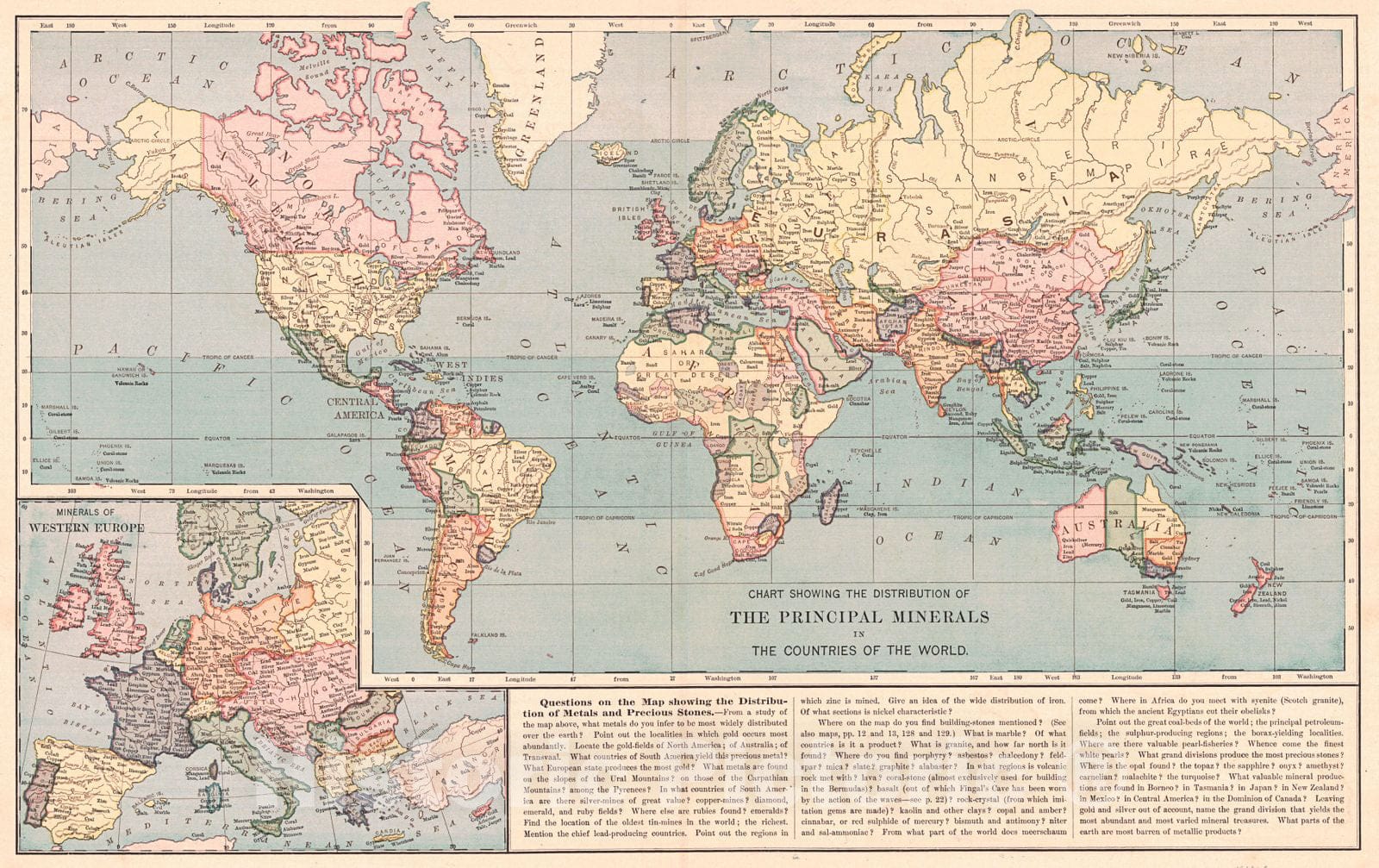 Historic Map : 1887 Chart Showing the Distribution of the Principal Minerals in the Countries of the World : Vintage Wall Art