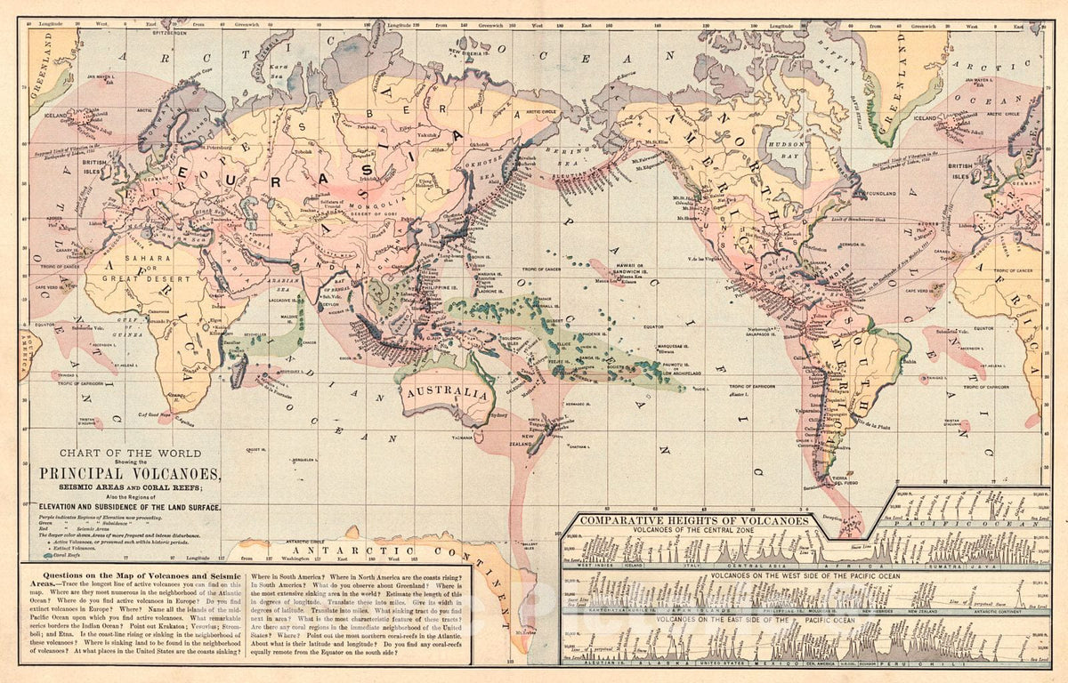 Historic Map : 1887 Chart of the World Showing the Principal Volcanoes, Seismic Areas and Coral Reef; Regions of Elevation and Subsidence of the Land Surface : Vintage Wall Art