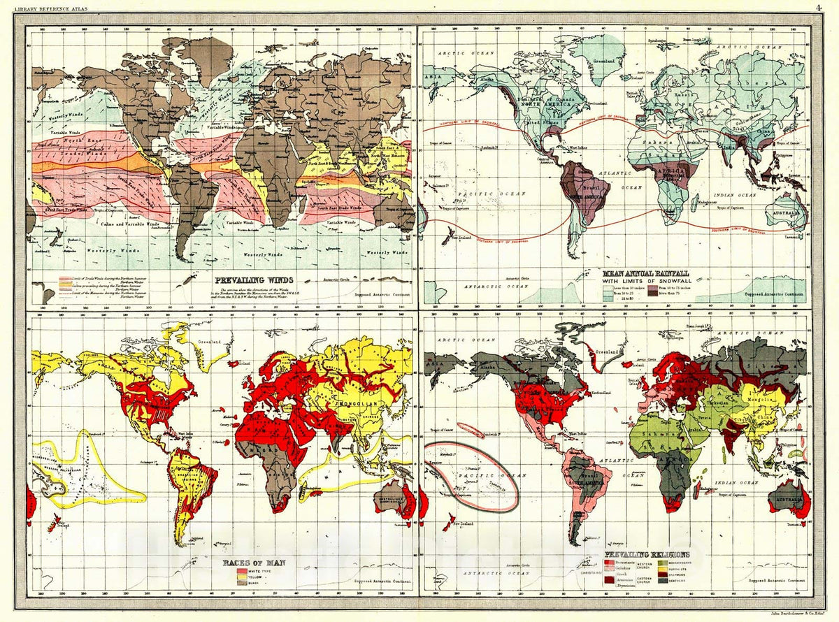 Historic Map : 1890 Prevailing Winds, Mean Annual Rainfall, Races of Man, Prevailing Religions : Vintage Wall Art
