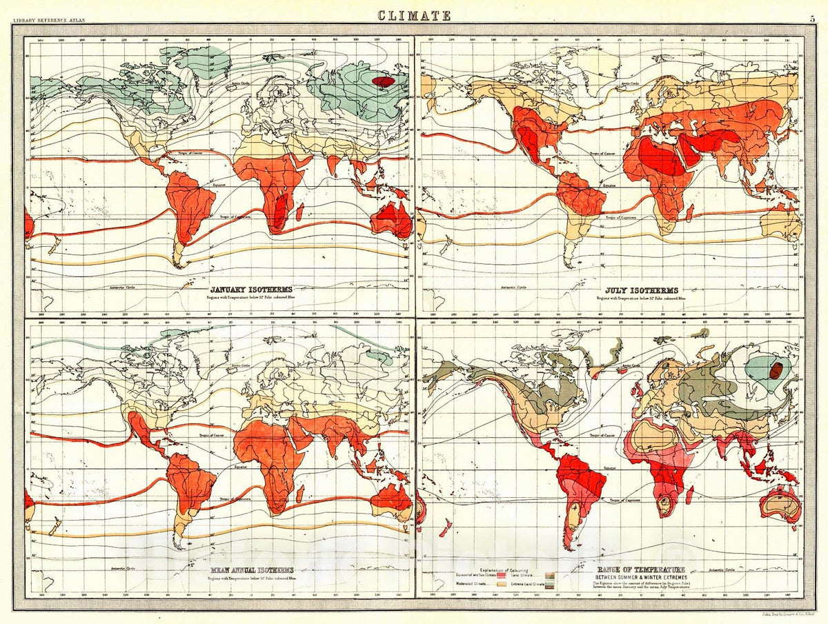 Historic Map : 1890 January Isotherms, July Isotherms, Mean Annual Isotherms, Range of Temperature : Vintage Wall Art