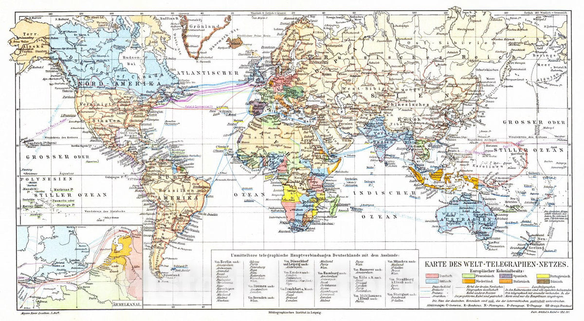 Historic Map : 1906 Karte des Welt-Telegraphen-Netzers : Vintage Wall Art