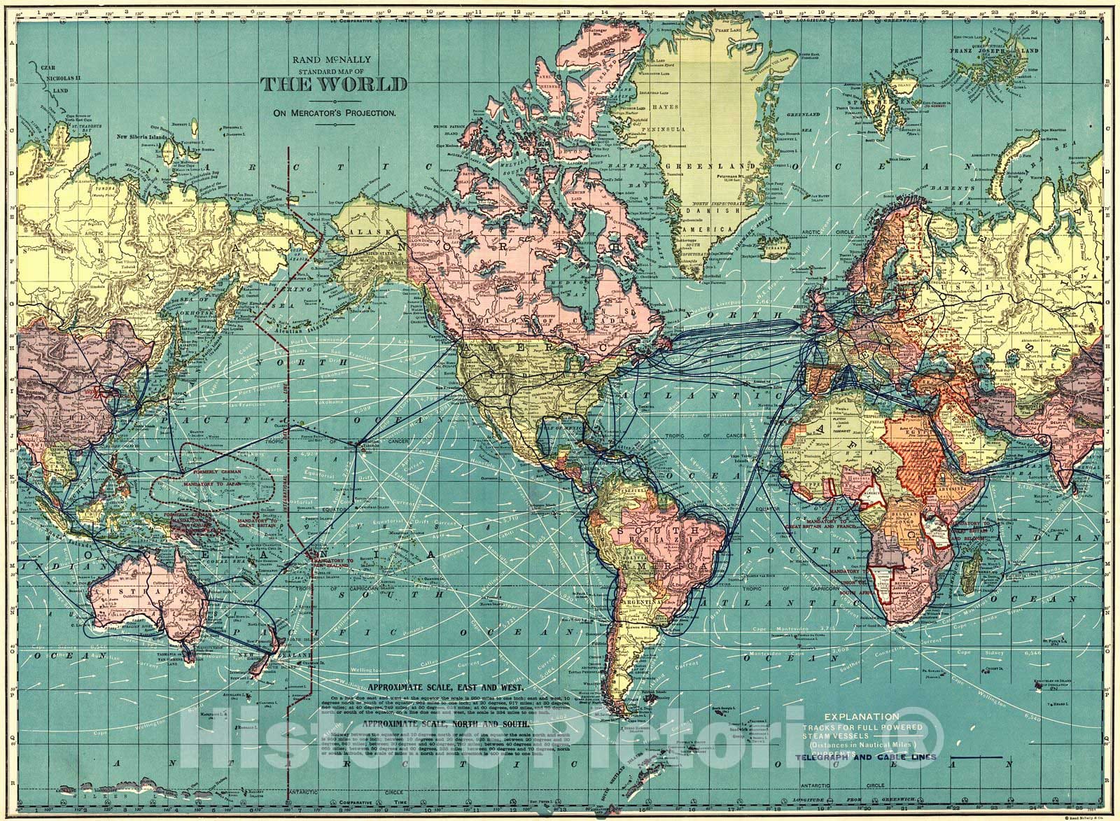 Historic Map : 1921 The World on Mercator's Projection (Showing Telegraph and Cable Lines) : Vintage Wall Art