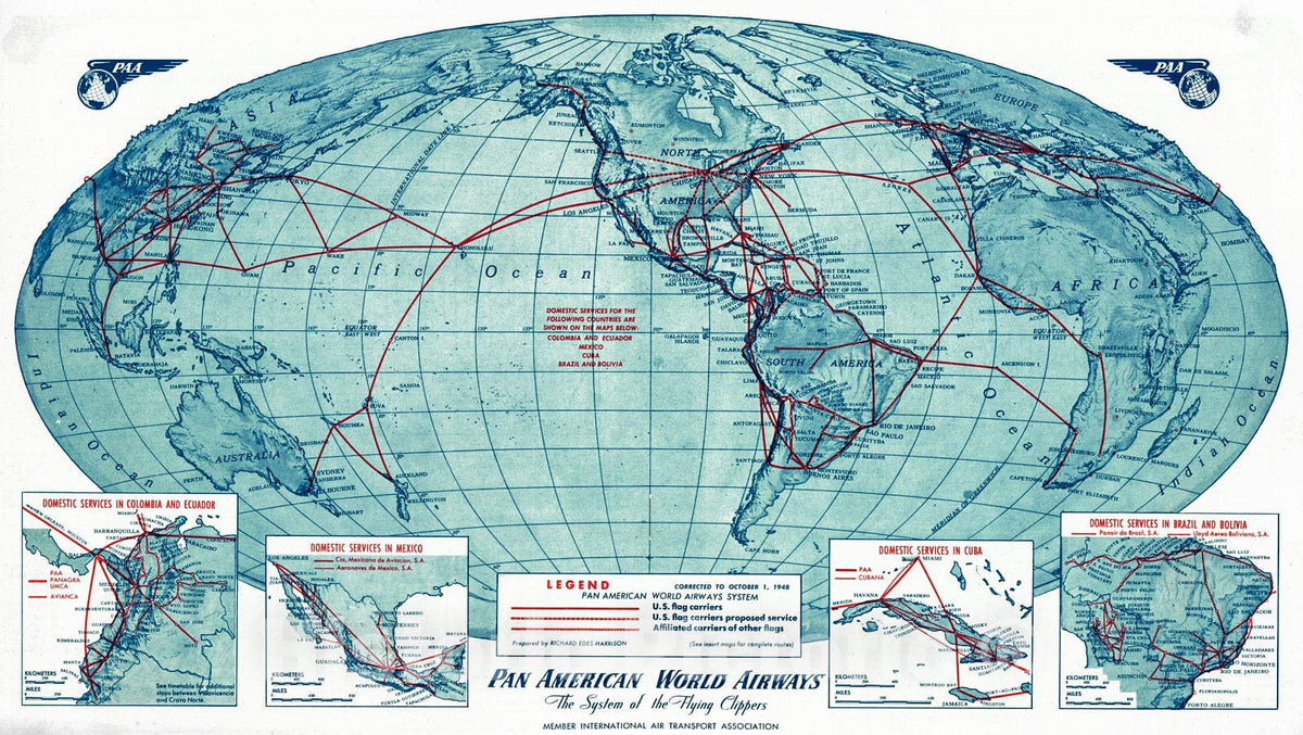 Historic Map : 1948 Pan American World Airways, The System of the Flying Clippers : Vintage Wall Art