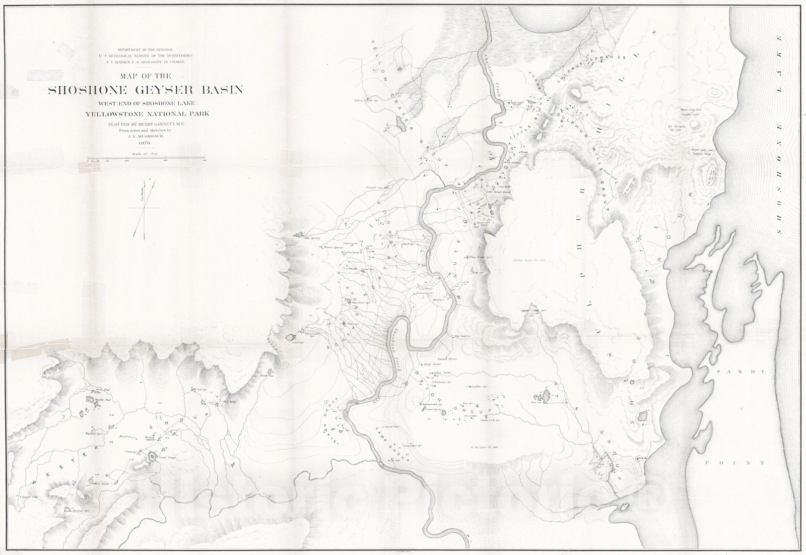 Historic Map : 1878 Map of the Shoshone Gayser Basin West End of Shoshone Lake Yellowstone National Park : Vintage Wall Art