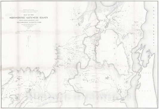 Historic Map : 1878 Map of the Shoshone Gayser Basin West End of Shoshone Lake Yellowstone National Park : Vintage Wall Art