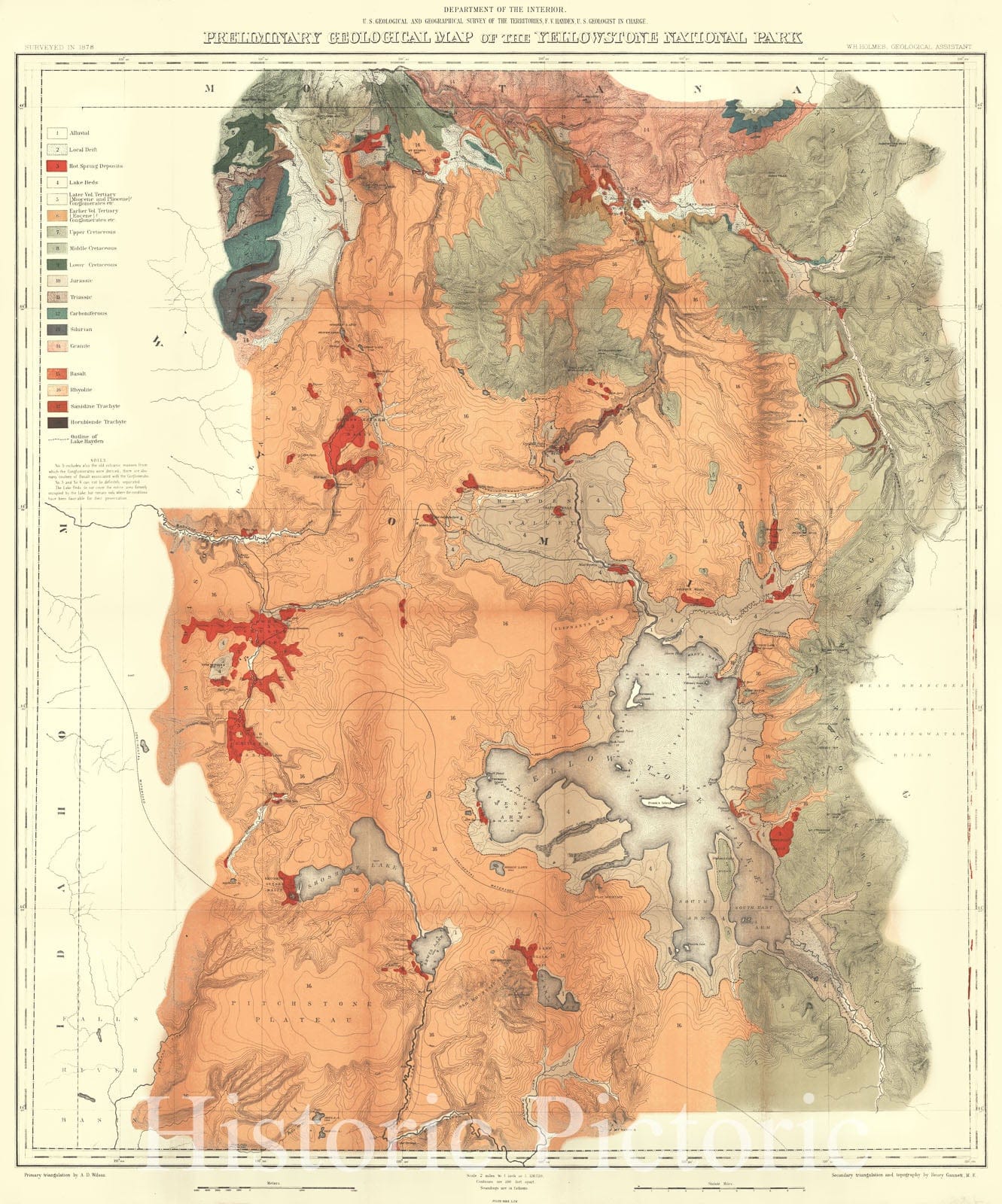 Historic Map : 1878 Geologic Map of the Yellowstone National Park : Vintage Wall Art