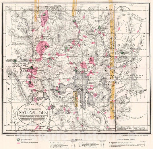 Historic Map : 1881 Map of the Yellowstone National Park : Vintage Wall Art