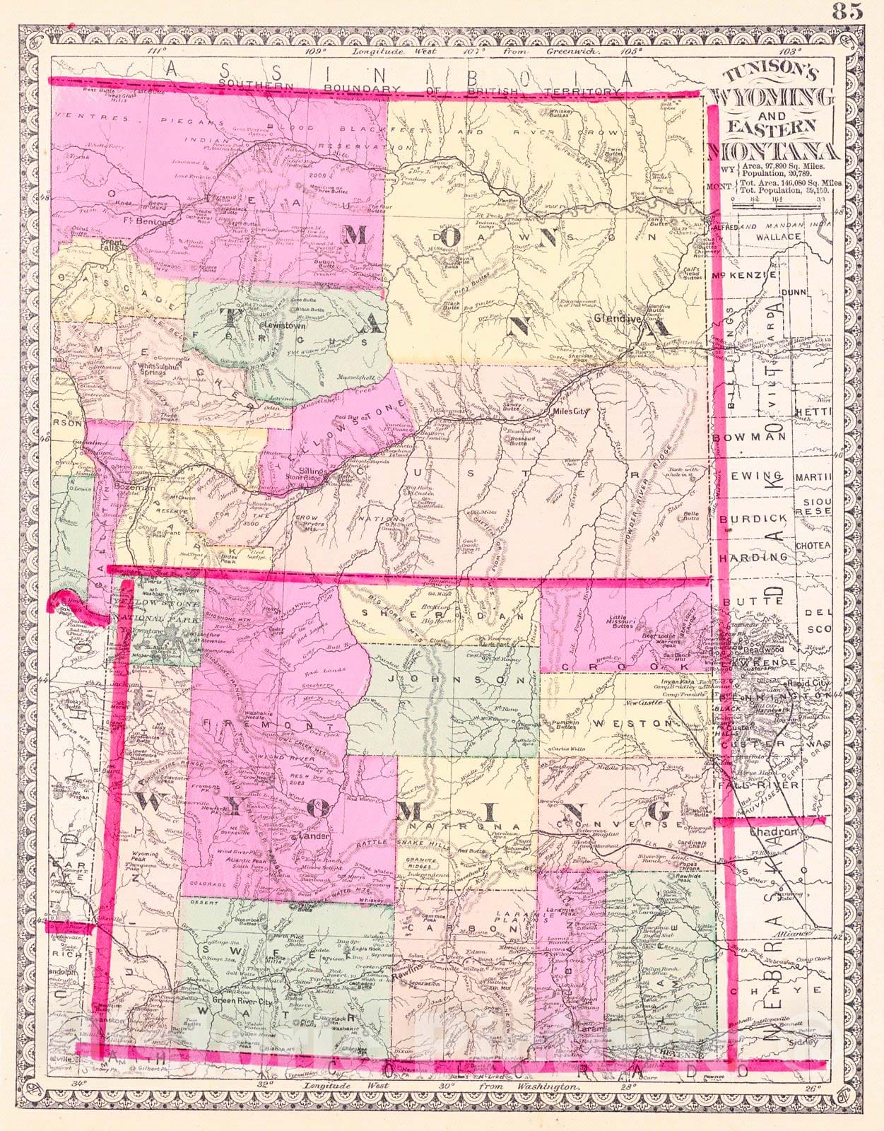 Historic Map : 1891 Tunison's Wyoming and Eastern Montana : Vintage Wall Art