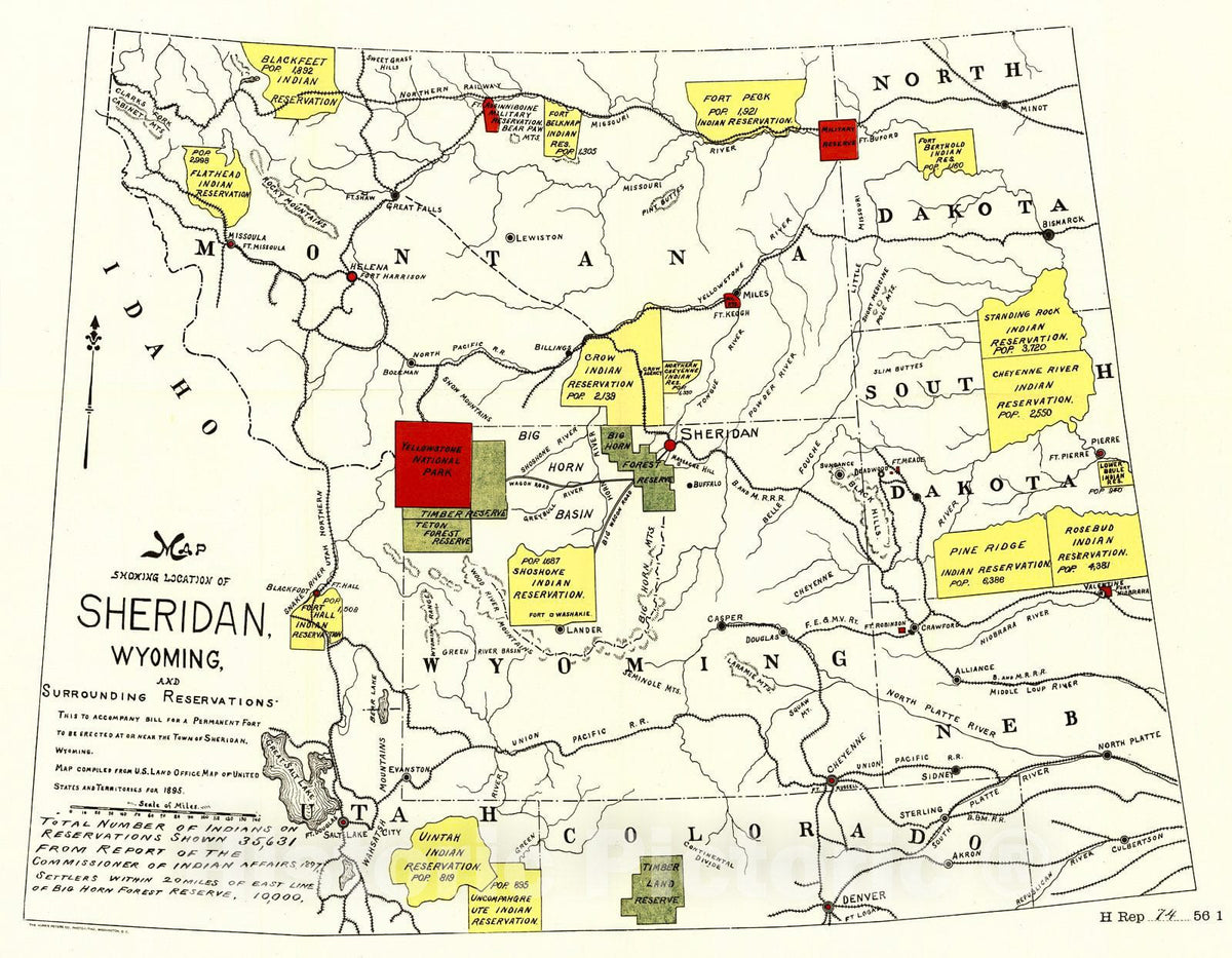 Historic Map : 1895 Map Showing Location of Sheridan, Wyoming and Surrounding Reservations : Vintage Wall Art
