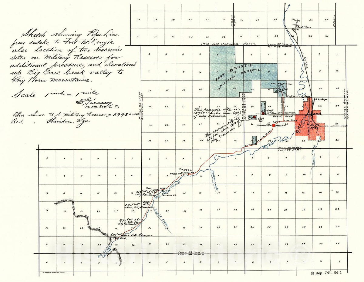 Historic Map : 1895 Sketch Showing Pipe Line from Intake to Fort McKenzie also Location of Two Reservoir Sites on Military Reserve : Vintage Wall Art