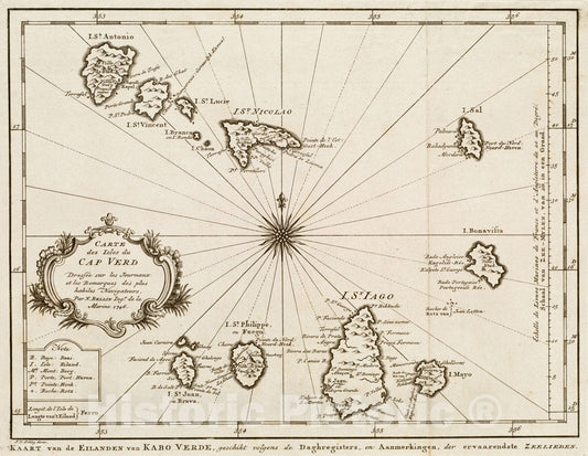 Historical Map, 1747 Carte des Isles du Cap Verd = Kavan de Eilanden Van Kabo Verde, geschikt volgens de Daghregisters, en Aanmerkingen, der ervaarendste Zeelieden, Vintage Wall Art
