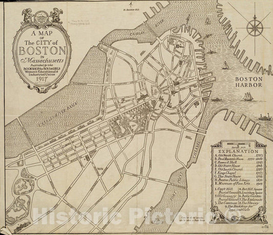 Historical Map, 1917 A map of the city of Boston in Massachusetts, Vintage Wall Art