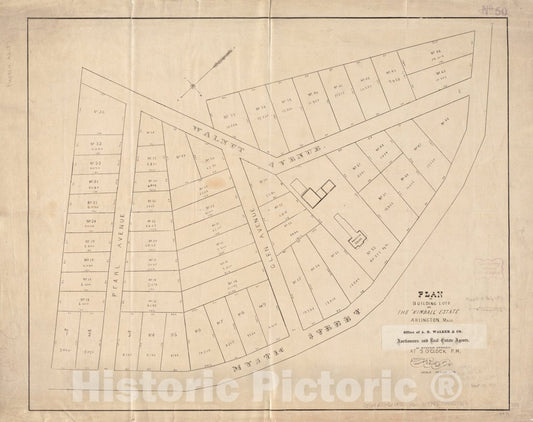 Historical Map, 1871 Plan of Building Lots on The 'Kimball' Estate Arlington, Mass. at 3 o'clock p.m, Vintage Wall Art