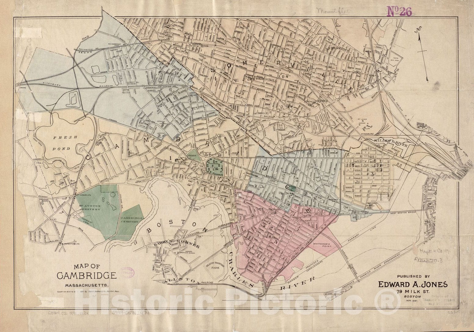 Historical Map, 1891 Map of Cambridge Massachusetts, Vintage Wall Art