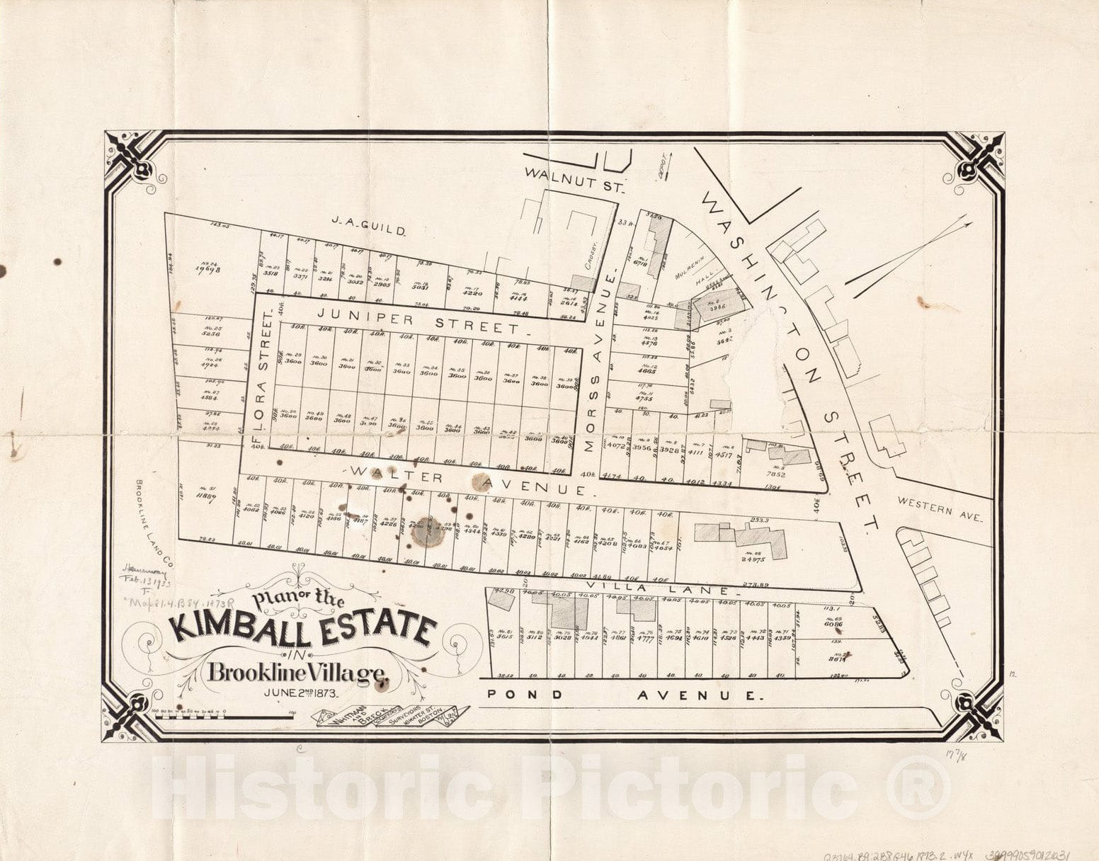 Historical Map, Plan of The Kimball Estate in Brookline Village : June 2nd 1873, Vintage Wall Art