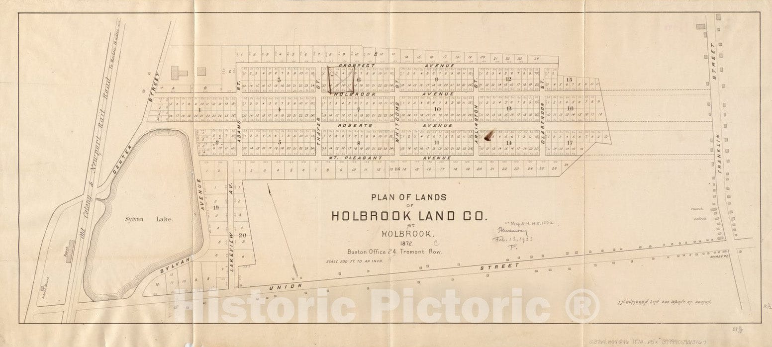 Historical Map, Plan of Lands of Holbrook Land Co. at Holbrook 1872, Vintage Wall Art