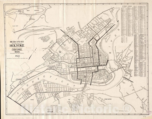 Historical Map, 1921 The Price & Lee Co's New map of The City of Holyoke and Part of The City of Chicopee, Mass, Vintage Wall Art