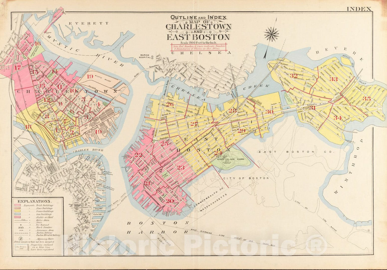 Historical Map, 1912 Outline and Index map of Charlestown and East Boston, Vintage Wall Art