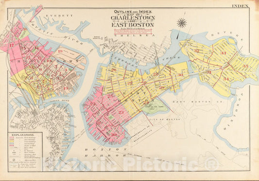 Historical Map, 1912 Outline and Index map of Charlestown and East Boston, Vintage Wall Art