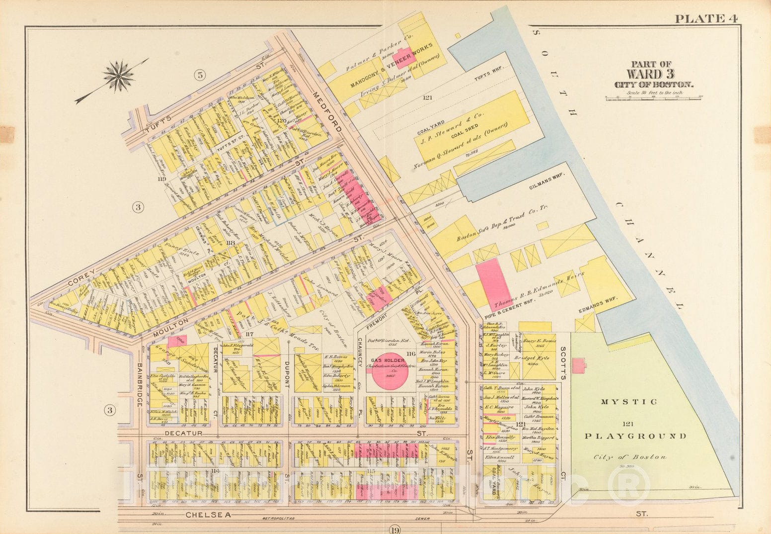 Historical Map, 1912 Atlas of The City of Boston, Charlestown and East Boston : Plate 4, Vintage Wall Art