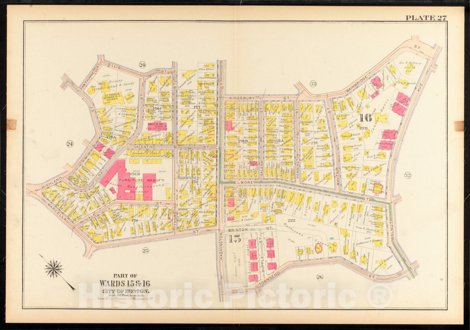Historical Map, 1915 Atlas of The City of Boston, Roxbury : Plate 27, Vintage Wall Art