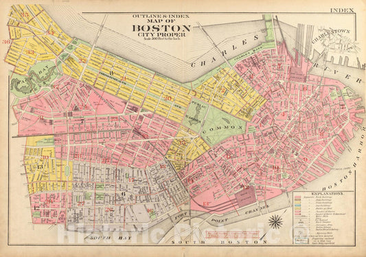 Historical Map, 1917 Outline & Index map of Boston City Proper, Vintage Wall Art