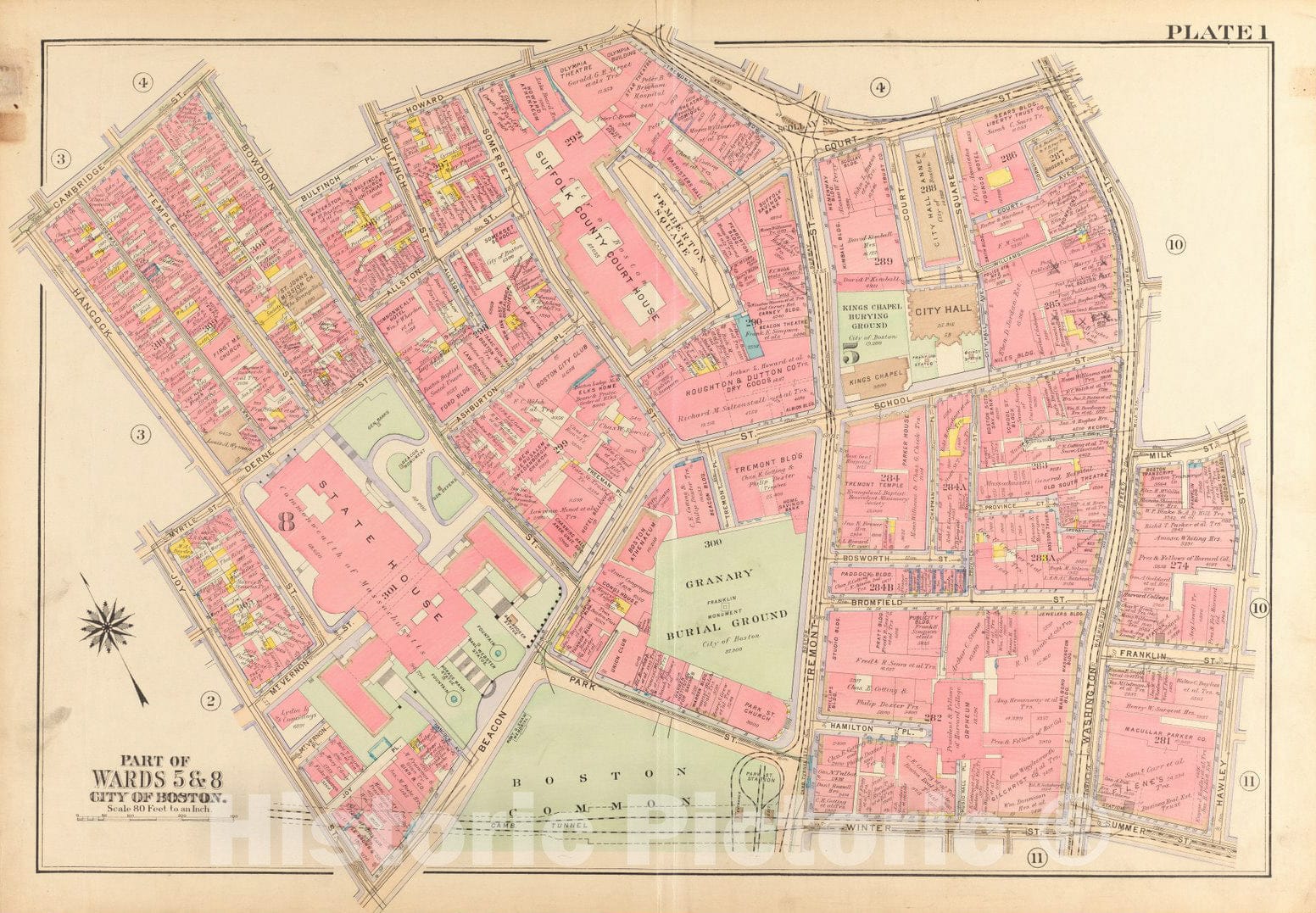 Historical Map, 1917 Atlas of The City of Boston, Boston Proper and Back Bay : Plate 1, Vintage Wall Art
