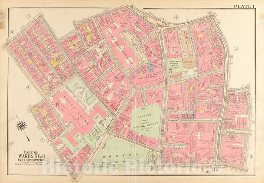 Historical Map, 1917 Atlas of The City of Boston, Boston Proper and Back Bay : Plate 1, Vintage Wall Art