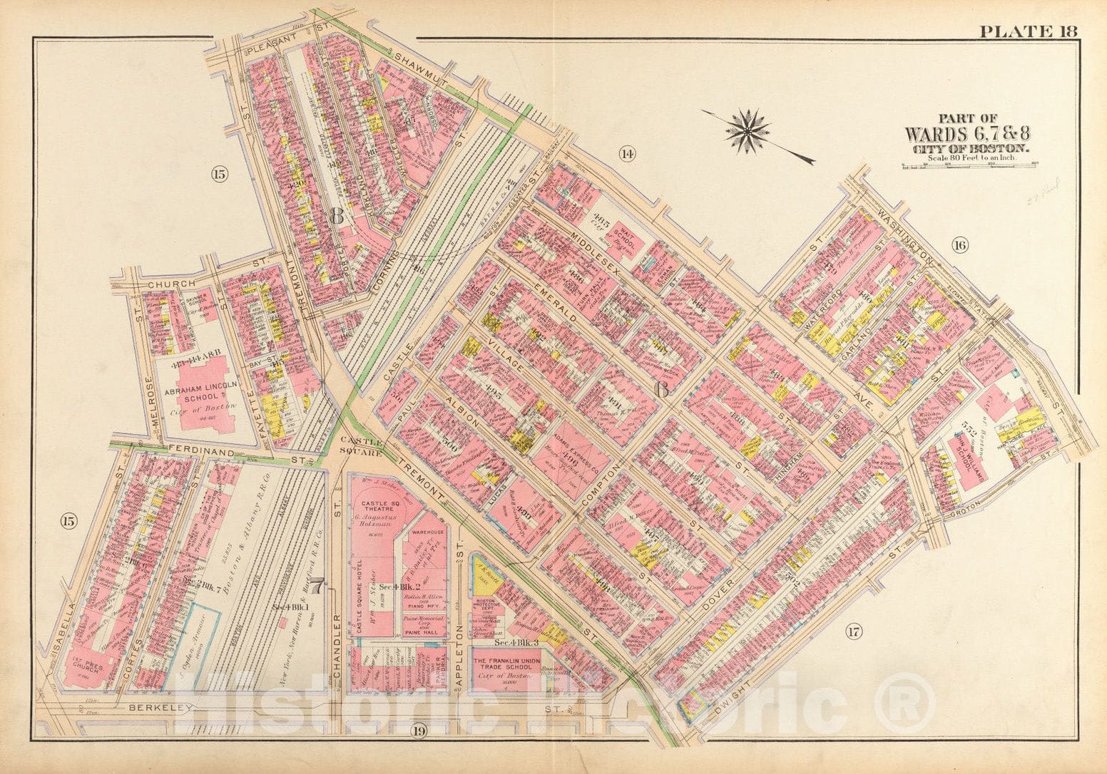 Historical Map, 1917 Atlas of The City of Boston, Boston Proper and Back Bay : Plate 18, Vintage Wall Art
