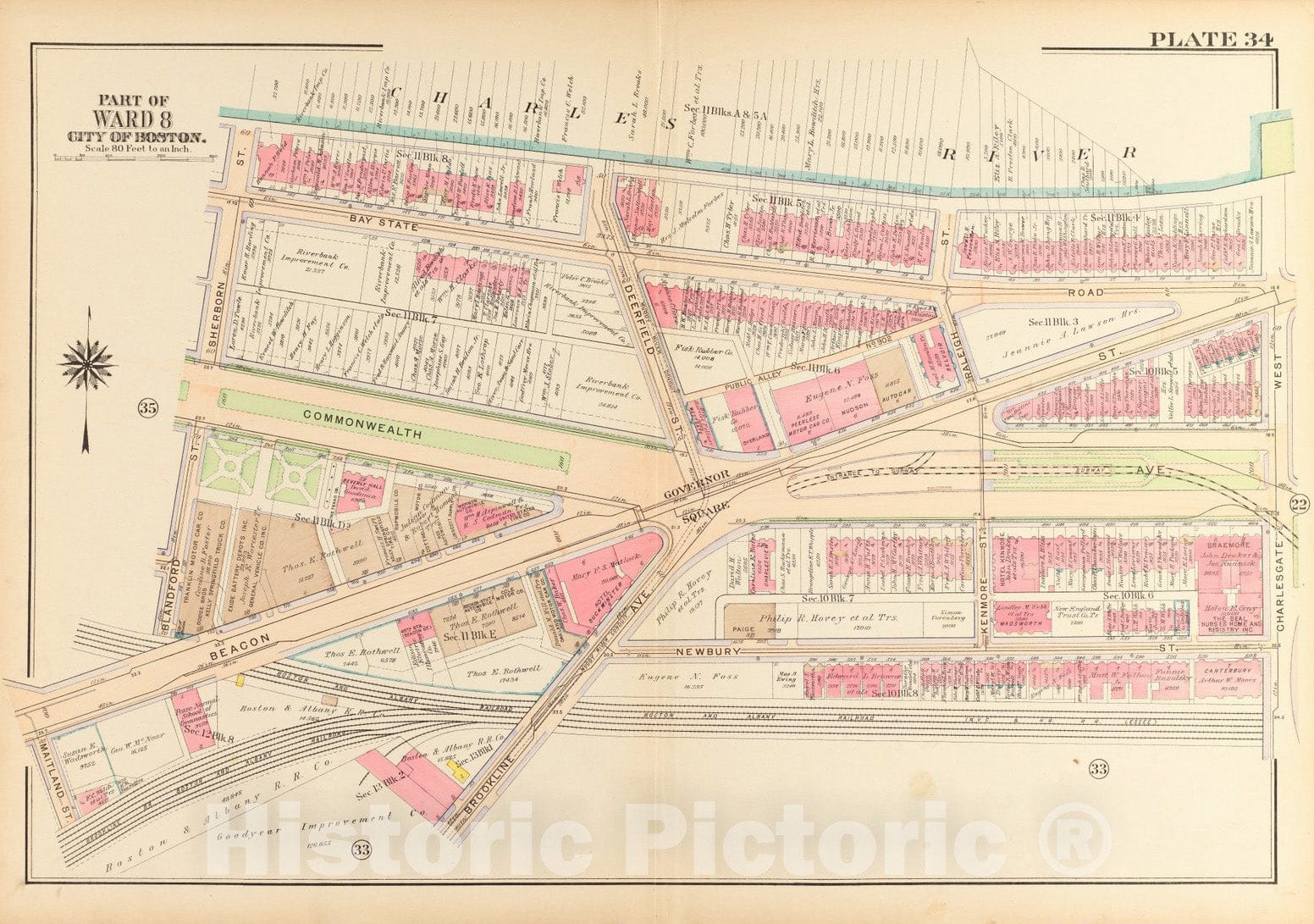 Historical Map, 1917 Atlas of The City of Boston, Boston Proper and Back Bay : Plate 34, Vintage Wall Art