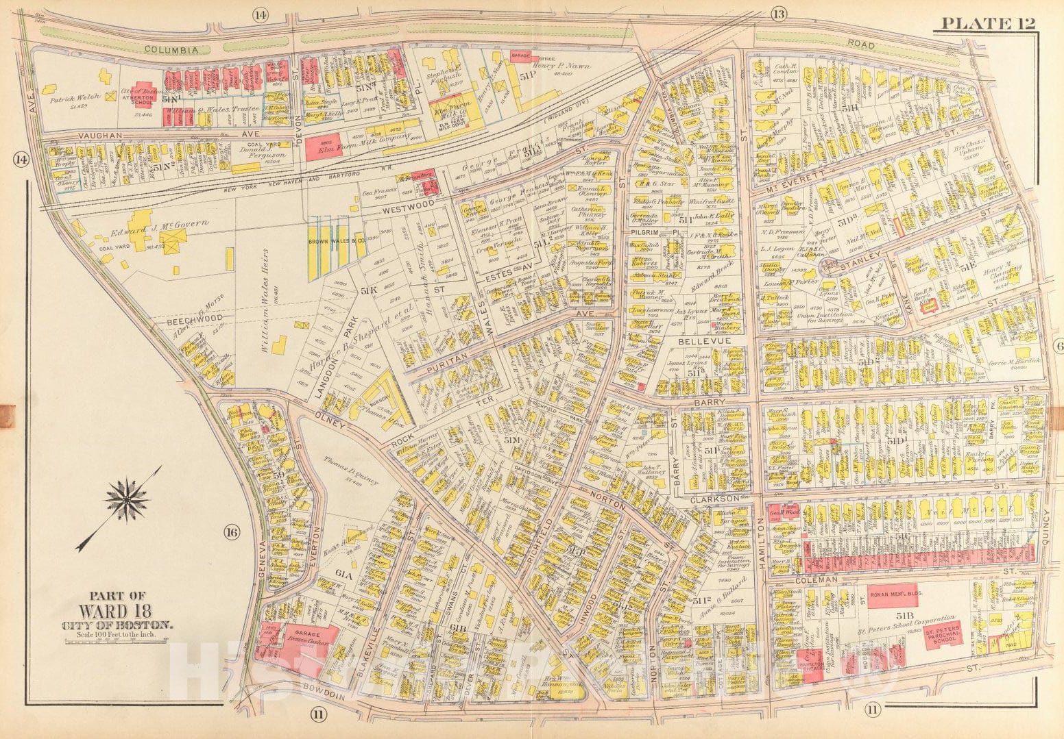 Historical Map, 1918 Atlas of The City of Boston, Dorchester : Plate 12, Vintage Wall Art