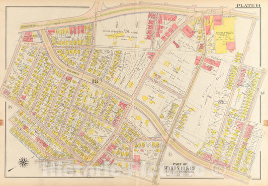 Historical Map, 1918 Atlas of The City of Boston, Dorchester : Plate 14, Vintage Wall Art