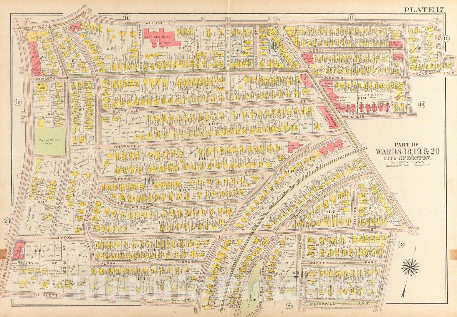 Historical Map, 1918 Atlas of The City of Boston, Dorchester : Plate 17, Vintage Wall Art