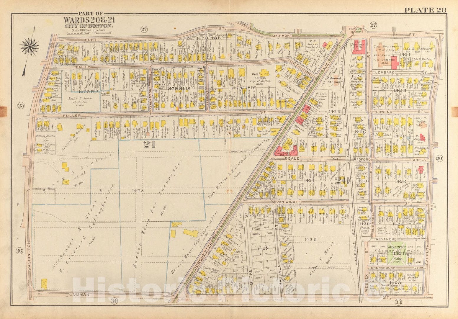 Historical Map, 1918 Atlas of The City of Boston, Dorchester : Plate 28, Vintage Wall Art