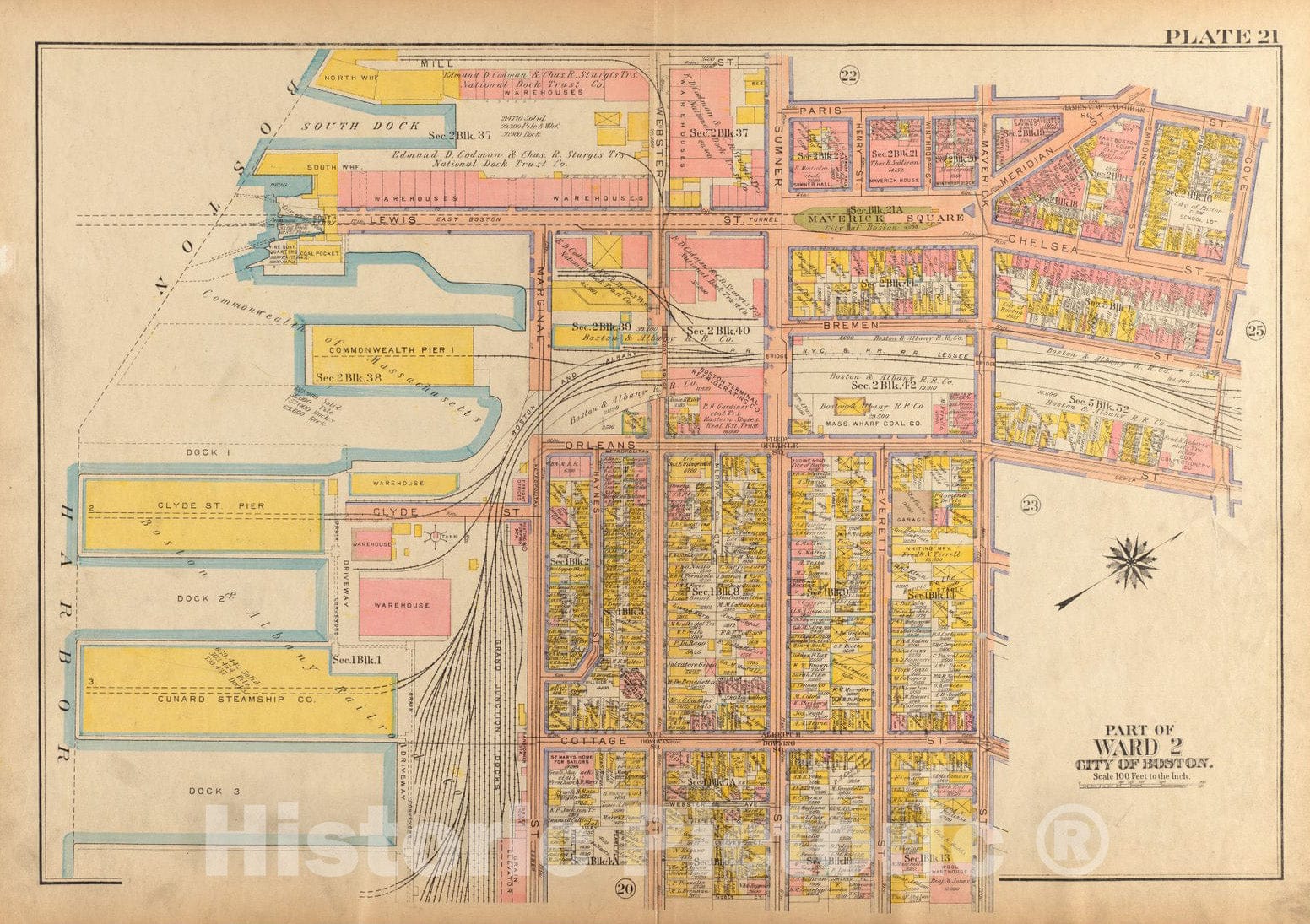 Historical Map, 1922 Atlas of The City of Boston, Charlestown and East Boston : Plate 21, Vintage Wall Art
