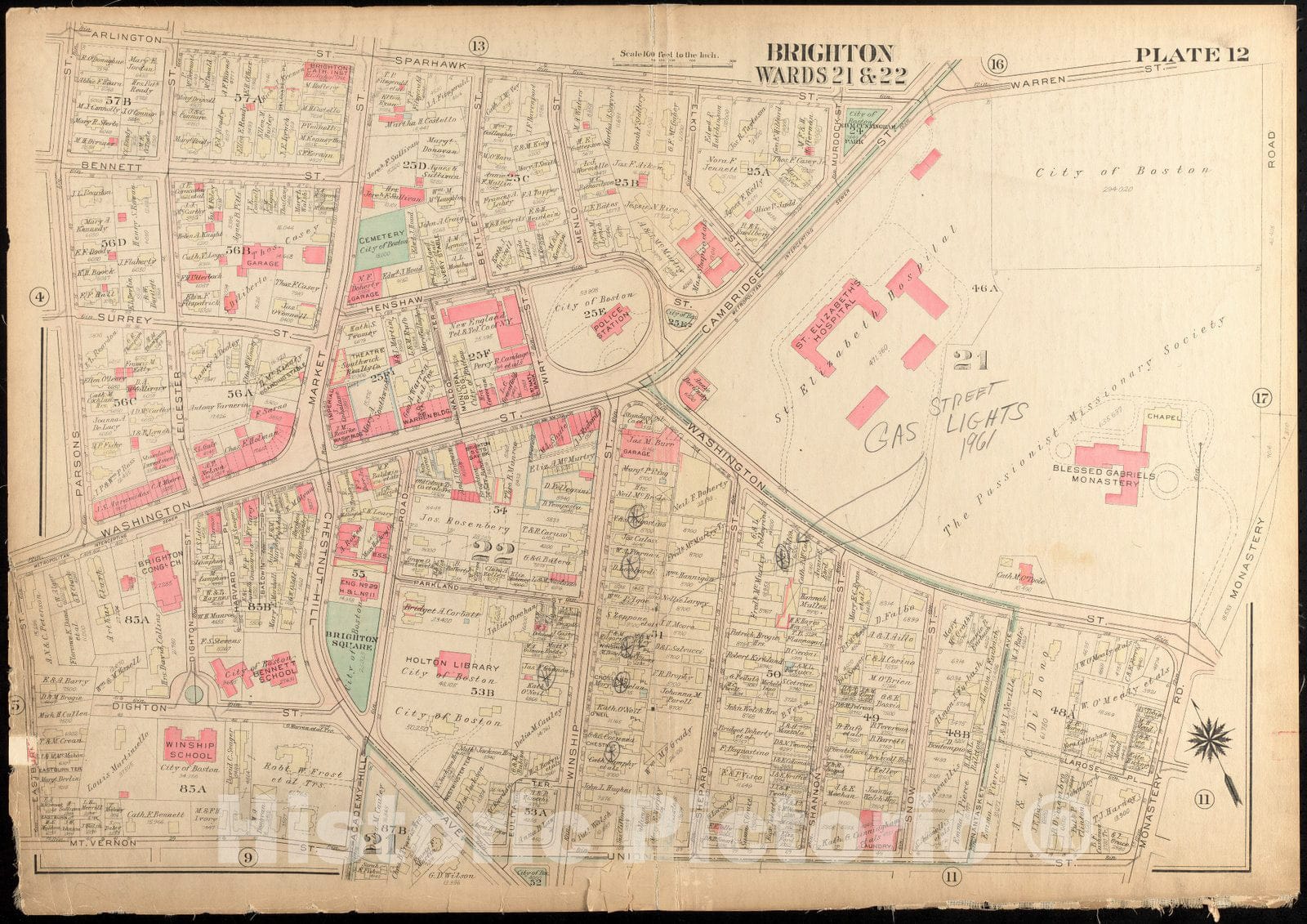 Historical Map, 1925 Atlas of The City of Boston, Brighton : Plate 12, Vintage Wall Art